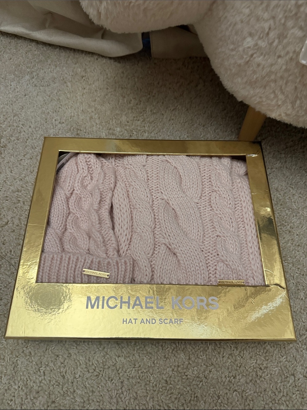 Michael Kors Pink Cable Knit Hat & Scarf Set